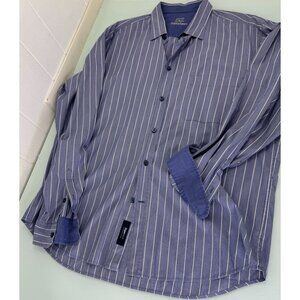Zegna Sport Shirt Mens XXL 2XL Silk Cotton Blue Flip Cuff Blue Striped Pocket